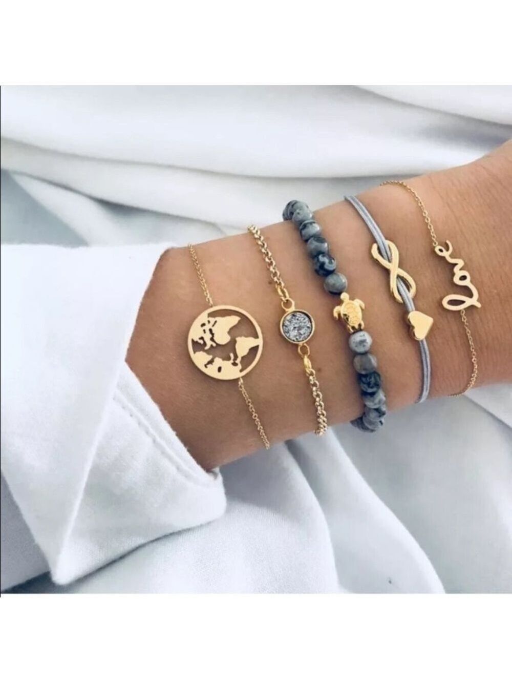 Boho Chain Bracelets Set 5 Gold Beaded Love